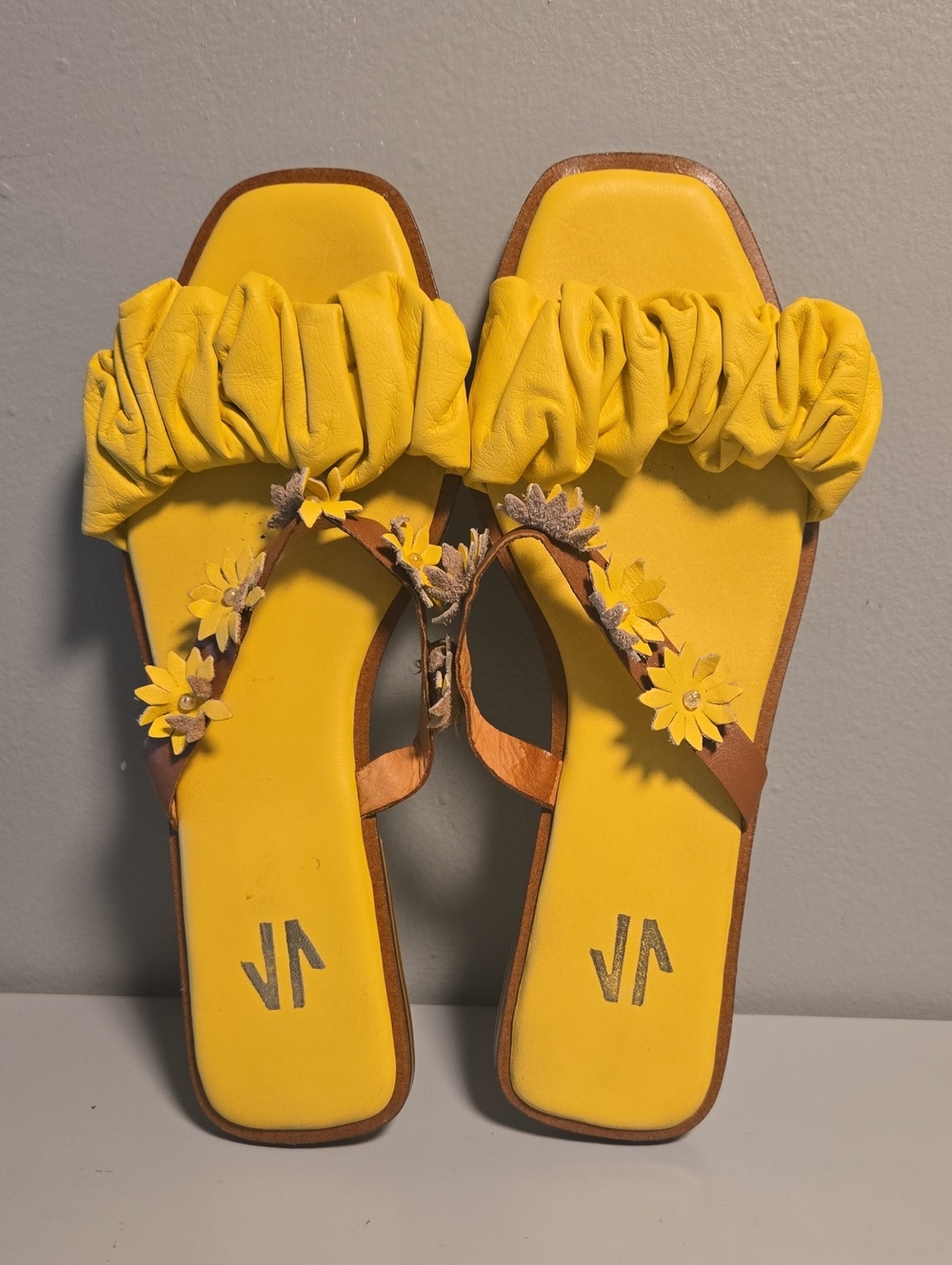 VIDA Yellow Ruched Floral Slide Sandals